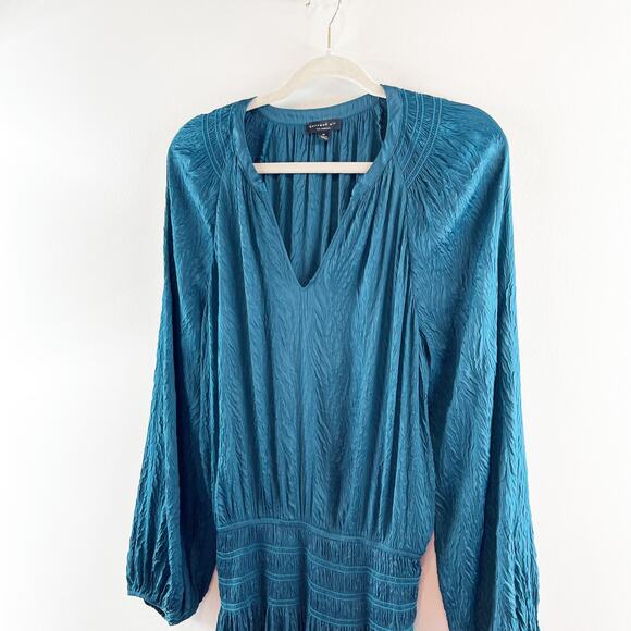 Current Air Long Sleeve Smocked Waist V Neck Satin Mini Dress Teal Medium - Picture 7 of 8